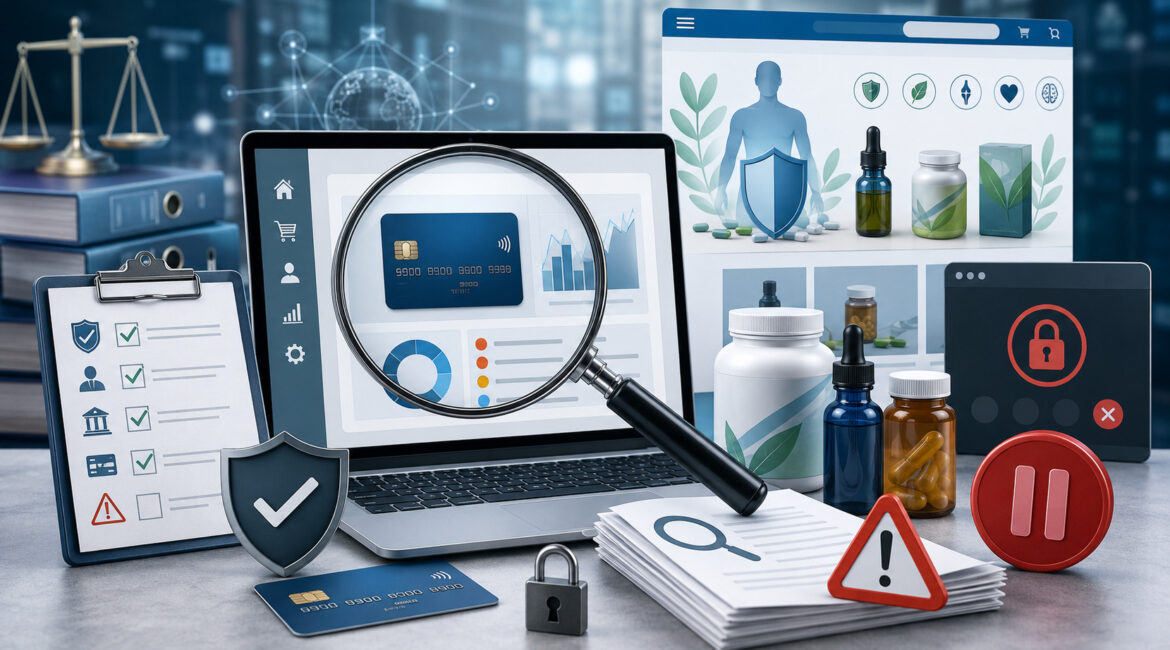 Payment compliance review of health product marketing claims and merchant account risk