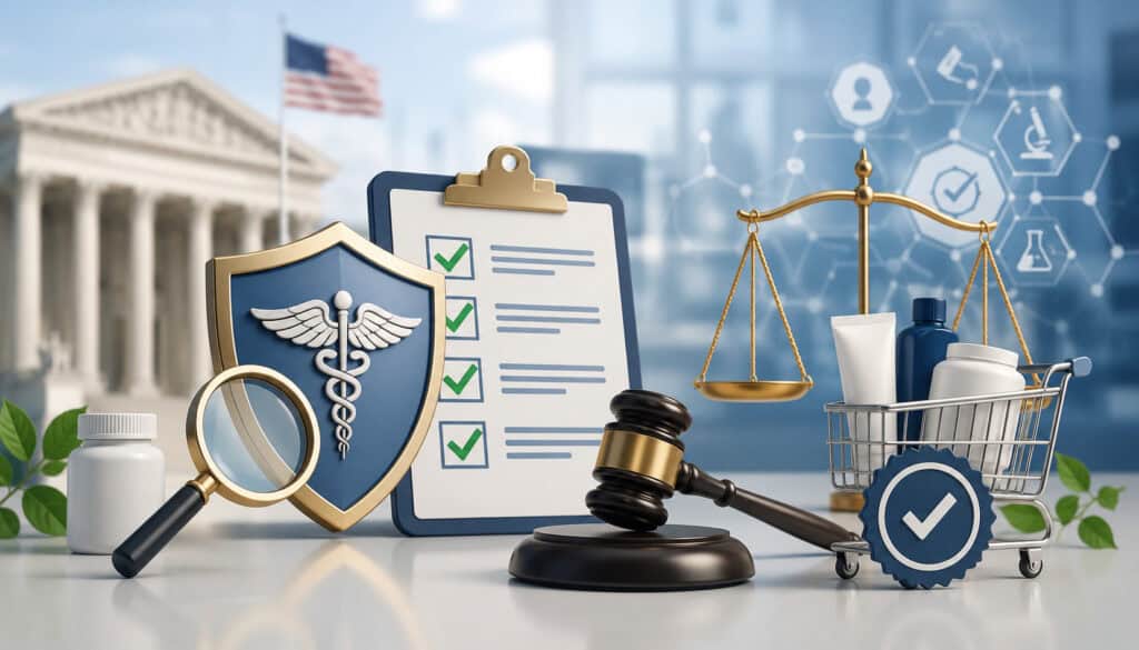 FDA and FTC marketing compliance illustration with legal and consumer safety icons