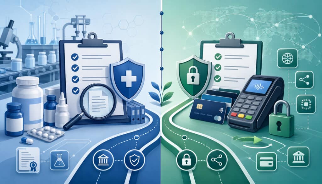 FDA and card network compliance systems with healthcare regulation and payment security icons
