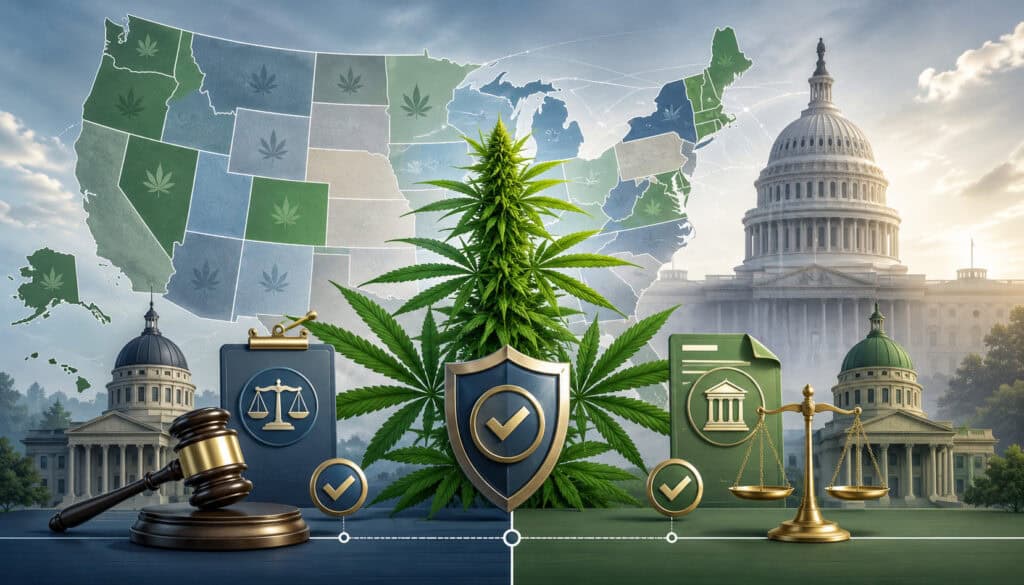 Hemp plant with U.S. map, Capitol, courthouses, gavel, and justice scales representing federal and state hemp laws