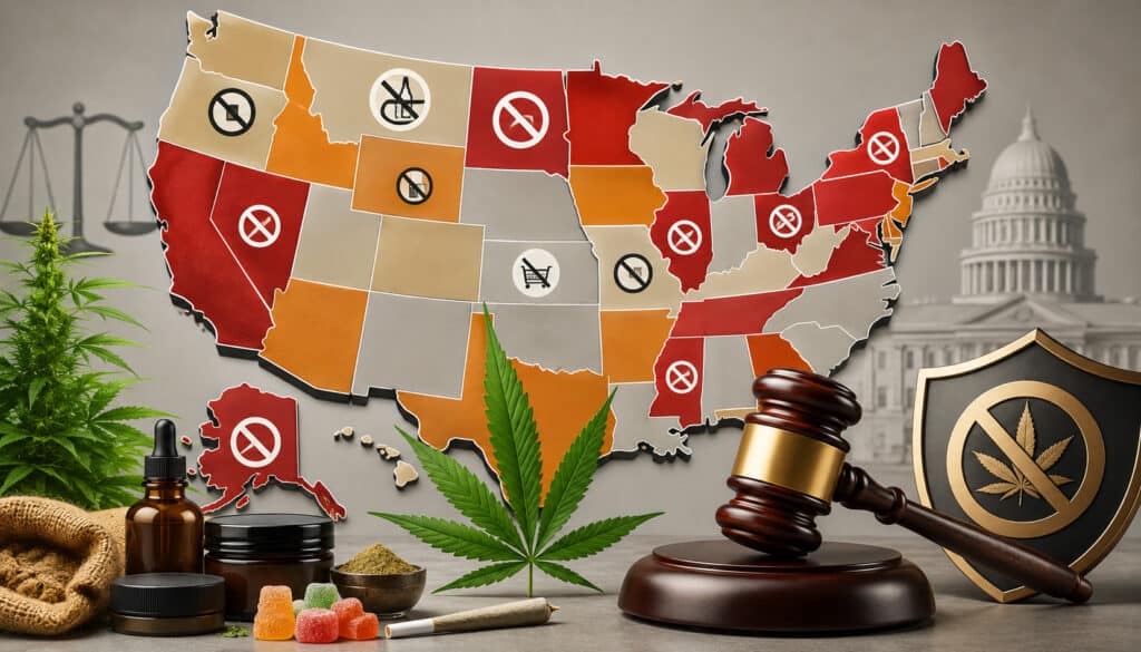 U.S. map illustrating state bans on intoxicating hemp products