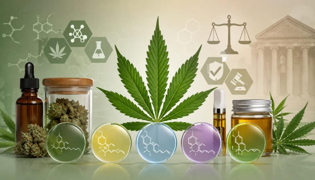 Cannabis cannabinoids with lab and regulatory symbols
