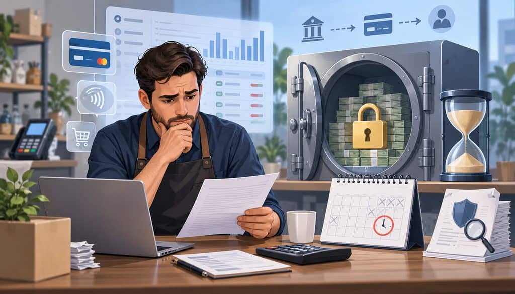 Merchant reviewing locked high-risk reserve funds and release timeline
