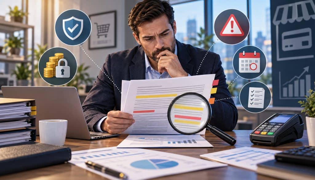 Business owner reviewing reserve and termination clauses in a payment processing agreement